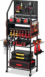 TC-HOMENY Power Tool Organizer Cart with 8 Outlets Charging Power Station, 24 Large Drill Tool Storage Racks with Wheels for Garage, Heavy Duty Tools Organizer Station, Festival Gifts for Men Dads