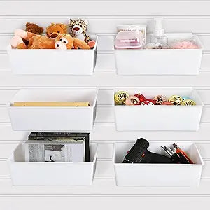 Unittype 6 Pcs Large Slat Wall Bins PVC Slatwall Containers Plastic Stackable Storage Bins Baskets Organizer for Garage Hardware Tool Storage Organizing, 13 x 9.7 x 4.3 Inch(White)