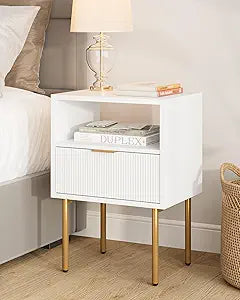 Masupu Nightstand,Mid-Century Modern Bedside Table with Storage Drawer and Open Wood Shelf,Small Gold Frame Side Table for Bedroom,Living Room,White