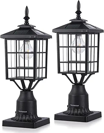 Outdoor Solar Post Lights with Pier Mount Base, ST4224Q 2 Pack Black Cast Aluminum Squared Waterproof Exterior Post Lamp Warm White LED for Yard Garden Pillar Pole Pathway