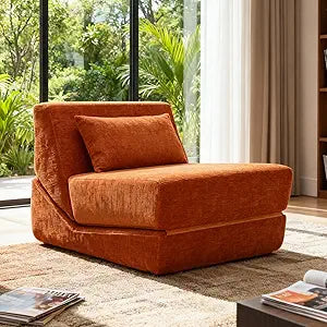 Folding Sofa Bed, Convertible Sleeper Couch, Fuzzy Orange Chair, 3 in 1 Oversized Chaise Lounge Chair Indoor, Memory Foam Single Reclining Chair Bed, Furniture for Small Spaces/Bedroom/Guest/Apartment