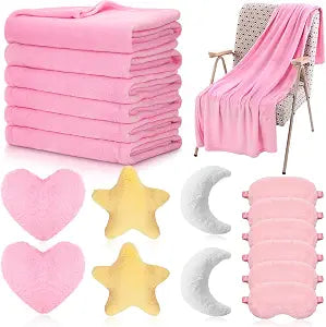 Fanfanwin 18 Pcs Sleepover Party Supplies Set for Girls Slumber Fleece Soft Blankets Moon Star Cloud Throw Pillow Cushion Plush Sleep Eye Mask for Spa Camping Birthday Favors