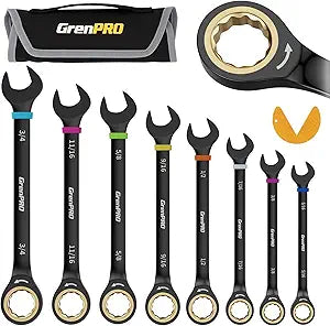 GRENPRO Ratchet Wrenches Set, Ratcheting Wrench Set, 9PC Sae 5/16 to 3/4 72Th Long Box Open End Ratchet Wrench Organizer With Color Ring With Roll Up Pouch With Gauge, Big Combination Wrench Tool Sets