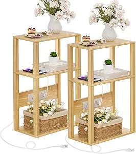 YUFAM 3 Tier Small Narrow Bamboo Side Table Set of 2 with Charging Station - Skinny Nightstand for Small Spaces, Slim Bedside Table with USB Ports and Outlets - Thin End Table with Storage, Natural