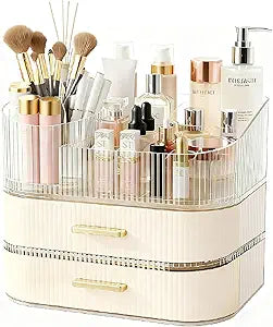 Makeup Organizer for Vanity with Stackable Drawers, 360 Rotating Makeup Brush Holder Large Cosmetic Display Case for Dresser, Bathroom Countertop Skincare Storage, Ideal Gift for Girls (3-layer)