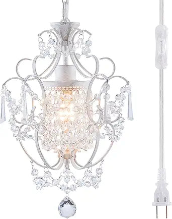Plug in Chandelier Mini Crystal Chandelier White Retro Small Chandeliers Ceiling Light for Girls Bedroom,Farmhouse Plug in Pendant Light for Kitchen Island Bathroom Dining Room Closet
