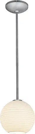 Japanese Lantern - E26 LED Rod Pendant - 8"W - Brushed Steel Finish - White Lined Glass Shade