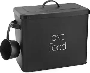 AuldHome Design Farmhouse Cat Food Container (Black) Enamel Look Rustic Cat Food Bin with Scoop