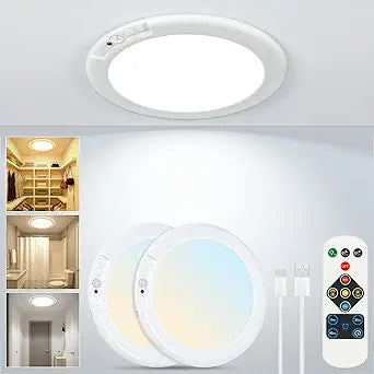 Rechargeable Ceiling Light No Wiring - Motion Sensor Night Light Indoor with Remote, Battery Operated Led Lights for Bedroom Hallway, Living Room, Bathroom, Home & Kitchen Decor Lighting (2)