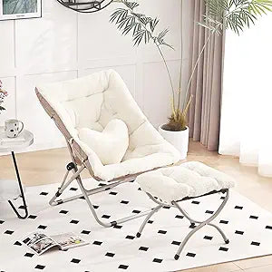 Saucer Chair with Ottoman, Comfy Oversized Folding Chair, Faux-Fur Reading Chair for Adults, Foldable Accent Lazy Chair, Metal Frame Chair for Living Room, Bedroom, Beige