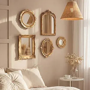 5 Pcs Vintage Gold Mirror Luxury Set Small Gold Mirrors Vintage Gallery Wall Mirror Hanging Antique Art Decor for Wall Living Room Entryway Assorted Sizes (Stylish Style,10in/8in/7in/4in)