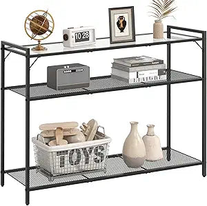 Livofloral 40.6" Narrow Console Table with 3 Storage Shelves, Hallway Table for Entryway, Tempered Glass Console Table, Modern Console Table, Sturdy Sofa Table Behind Couch, Easy Assembly, Black