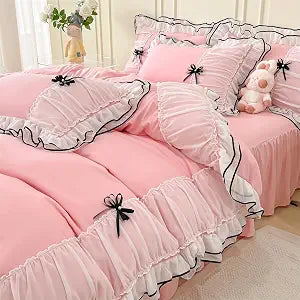 IHOUSTRIY Pink Duvet Cover Full Size, Ruffle Beddding Set with Bowtie, 3 Pieces Comforter Cover Set with Zipper Closure, Girl Bedding with Pillowcase - Light Pink, Full, Comforter Not Included