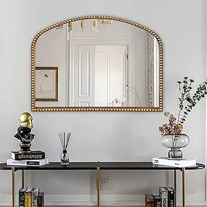 BAODANFU Vanity Mirror for Bedroom, 35" x 28" Large Arch Vintage Gold Wall Mirror, Beaded Frame Decorative Accent Mirrors for Washroom, Living Room, Entryway, Bathroom, Fireplace