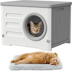 Outdoor Feral Cat House Weatherproof with Cushion (Grey and White) | Heavy-duty Plastic,Elevated Stackable Structure,Insulated Outdoor Cat Shelter,All-season Indoor Use,Ideal for Yard,Porch Barn