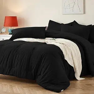 Queen Comforter Set 7 Piece - Black Soft Bed in a Bag Queen Size Comforter Sets, Lightweight Bedding Sets with Down Alternative Comforter, Flat Sheet, Fitted Sheet, 2 Pillowcases & 2 Shams