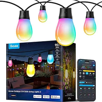 Govee S14 Bulb Outdoor String Lights 2, 96ft Smart RGBIC Warm White Lights with 30 LED Bulbs(2 Ropes of 48ft), 111 Scene Modes for Patio Decor, IP66 Compatible with Alexa, Google, Matter, APP Control