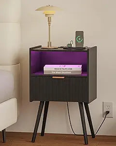 Leomonio Black Nightstand, Modern Bedside Table with Charging Station & LED Lights, Plus Storage Drawer, Open Wood Shelf and Solid Wood Legs, for the Living Room, Bedroom & Small Spaces