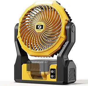 Battery Operated Fan for Dewalt 20V Max Battery, 5.7m/s High Speed Rechargeable Portable Fan with USB Powered & 4 Speed & 2 Light for Camping, Workshop, Garage, Jobsite (Not Included Battery) - Yellow