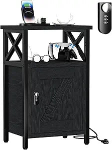 runjuly Wooden Nightstand with Charging Station, Bed Side Table with Drawers, Bedside Table with Lock, 3 USB & 2 Outlets, Night Stand with Cabinet Storage, End Table for Bedroom, Black