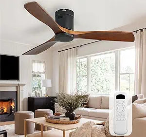 Sofucor 52 Inch Solid Wood Ceiling Fan Without Lights Flush Mount Ceiling Fan with Remote Control-Wood Blades Modern Outdoor Ceiling Fans No Light for Bedroom/Farmhouse/Patio/Indoor, Brown Black