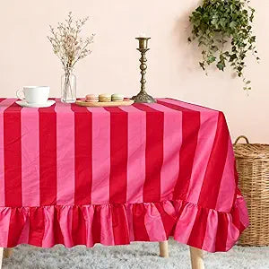 JarThenaAMCS Ruffle Tablecloth Table Cloth Boho Pink Red Striped Rectangle Decorative Table Cover for Home Kitchen Baby Shower Party Wedding Decor, 60 x 120 Inch
