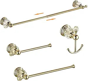 Crystal Bathroom Hardware Set,Adjustable Towel Rack, Toilet Roll Paper Holder,Hand Towel Holder,Hook,Gold Bathroom Accessories Set Wall Mounted (Bright Gold)