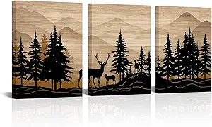 WELMECO Deer Wall Art Log Cabin Decor Rustic Farmhouse Bedroom Bathroom Living Room Decor 12"x16" x 3Pieces,Framed Canvas Wall Art