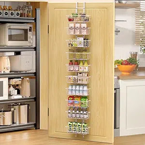 10 Tier Over the Door Pantry Organizer, Over the Door Spice Rack with Adjustable Baskets, Metal Hanging Door Pantry Organizers and Storage for Kitchen Bathroom Bedroom, White