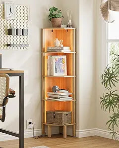 Corner Shelf Stand, 5 Tier Corner Bookshelf with Light,Corner Furniture for Bedroom Display Corner Shelf for Small Space,Wood Shelves with Storage Rack for Living Room,Office,Oak