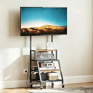 MAHANCRIS Rolling TV Stand with Mount, Corner TV Console with Wheels Up to 50 Inches, Entertainment Center with Storage, Small TV Stand with Power Outlet for Living Room, Rustic Brown TVHR117E01