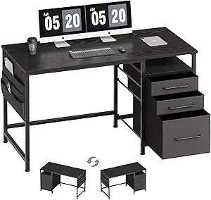  Maihail Small Desk with Drawers, 47 inch Computer Desk with Shelves, Writing Desk with Storage, Small Office Desk with Metal Frame, Black