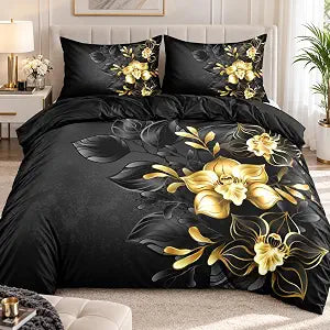 Gold Flowers Duvet Cover Set Black Color Background Comforter Covers Queen Size Boho Bedroom Bedding Sets Queen Size