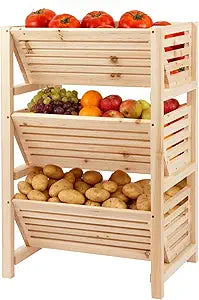 Potato Onion Storage Rack, 3-Tier Stackable Wooden Bins for Pantry Cabinet, Ventilated Vegetable Organizer with Baskets, Fruit Produce Bread Holder for Kitchen Shelf, Fir Wood