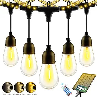33FT Outdoor Solar String Lights Waterproof with USB Port & Remote Control, Solar Patio Lights Long Last for 20+Hrs, Dimmable LED Shatterproof Bulbs, outdoor lights for Camping Backyard Garden