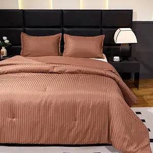 Caressma Dark Brown Damask Striped Comforter Set Twin Size Hotel Bed Set | Silky Soft Reversible Bedding Set, Luxury Coffee Color Stripe Hotel Bedding 2 Pieces With Pillow Sham All Seasons