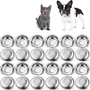 24 PCS Thickened Stainless Steel Cat Bowls, 5.5 Inch Shallow Wide Flat Metal Kitten Food Bowls, Whisker Friendly Fatigue Relief Replacement Basic Pet Dishes for Indoor Cats