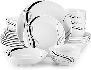 VEWEET Porcelain Dinnerware Sets for 6, 24 Pieces Plates and Bowls Set with Black and Grey Ribbon Lines, Dishes Set Dining Ware for Dinner, Microwave and Dishwasher Safe, Series FIONA