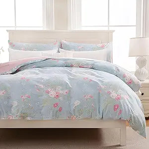 Zusbest Floral Duvet Cover King 100% Cotton Coquette Cottage Core Bedding Shabby -Chic Comforter Cover with Zipper, Soft Skin-Friendly Breathable, Blue Pink Rose Flower Print, 3 Pcs