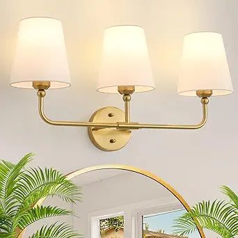 Bathroom Light Fixtures, 3-Light Brushed Gold Vanity Lights, 24.5" Bathroom Lighting Fixtures Over Mirror with White Flared Fabric Shade, Modern Wall Sconces for Bathroom Bedroom Living Room Hallway