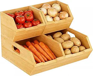 Bamboo Pantry Storage Bins, Stackable Potato and Onion Storage Bin for Kitchen Countertop, Wood Pantry Organizer Baskets for Fruit Vegetable Snack