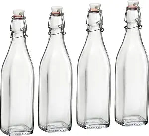 Bormioli Rocco Swing Glass Bottles 33.75 oz  Set of 4  Airtight Swing-Top Clear Glass Beverage Bottles for Water, Juice, Homemade Infused Drinks, Office & Kitchen Storage