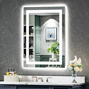 24x32 Inch LED Bathroom Mirror with Lights Front and Backlit Lighted Vanity Mirror for Bathroom Wall with 3 Colors Dimmable Anti-Fog Memory Shatter-Proof IP54 Waterproof Horizontal/Vertical