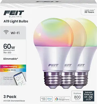 Feit Electric Smart Light Bulbs, A19 RGBW Color Changing - 60W Eq - 3 Pack