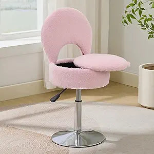 Small Pink Vanity Stool Chair with Storage Ottoman Adjustable Vanity Chair with Folding Back, Makeup Ottoman Stool for Vanity Chrome Finish