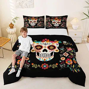 Sugar Skull Comforter Set Twin Size,Colorful Vintage Floral Bedding Set Hippie Mexico Style Quilt Set for Kids Girls Boys Teens Room Decor,Gothic Skeleton Pattern Duvet Insert,1 Pillowcase
