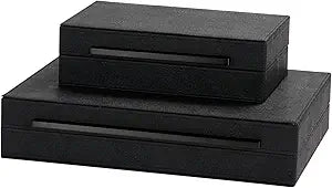 Set of 2 Decorative Boxes With Black Metal HandlesPU Faux Leather Jewelry Boxes Modern Storgage Boxes With Lids Keepsake And Memory Boxes,Home Organizer Box (Black-Black, 2pack)