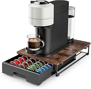 EVERIE Wooden Coffee Pod Storage Drawer for Nespresso VertuoLine Capsules, Large Capacity Countertop Coffee Station Organizer, Rustic Brown