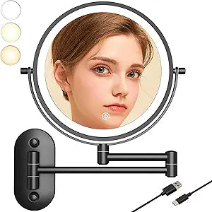 8Wall Mounted Makeup Mirror With Lights, 10x Magnifying Mirror Wall Mount for Vanity, Bathroom and Shaving, Rechargeable Wall Mounted Makeup Mirror Swing Arm with Adjustable Brightness (Black-10X)