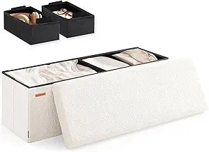 HAUSFRAU Ottoman with Storage, Sherpa Folding Storage Bench Foot Rest, Modern Upholstered Seat for Living Room, Entryway, Bedroom, White